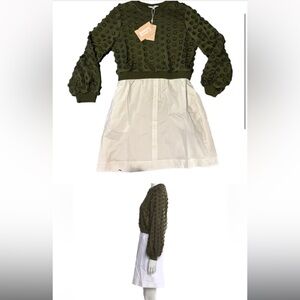 NWT•Pearl by Lela Rose•Olive Green and White Embroidered Jersey Poplin Dress